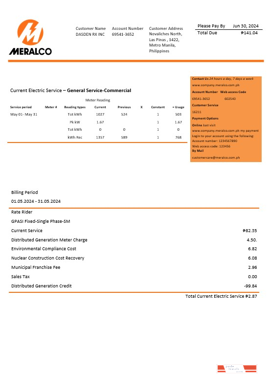 Philippines Manila Electric Company (Meralco) electricity business utility bill Word and PDF template PSD template